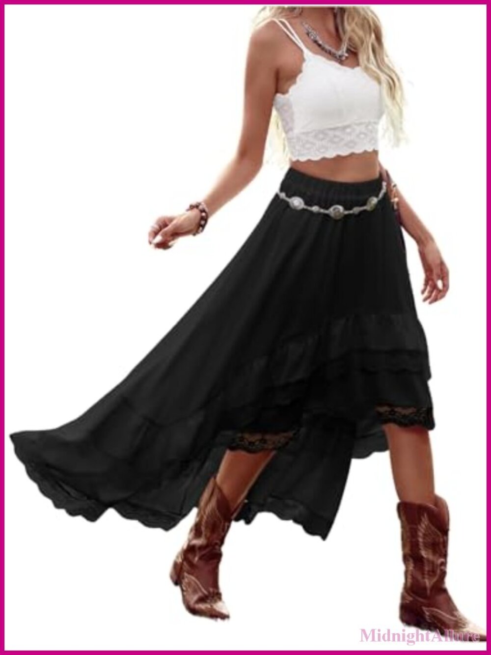 Western Boho High-Low Lace Ruffle Skirt with Elastic Waistband